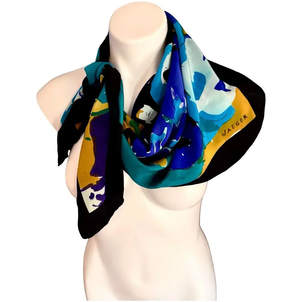 Jaeger 1980s Silk Scarf Blue Purple Abstract Floral 33x35 Made in Italy